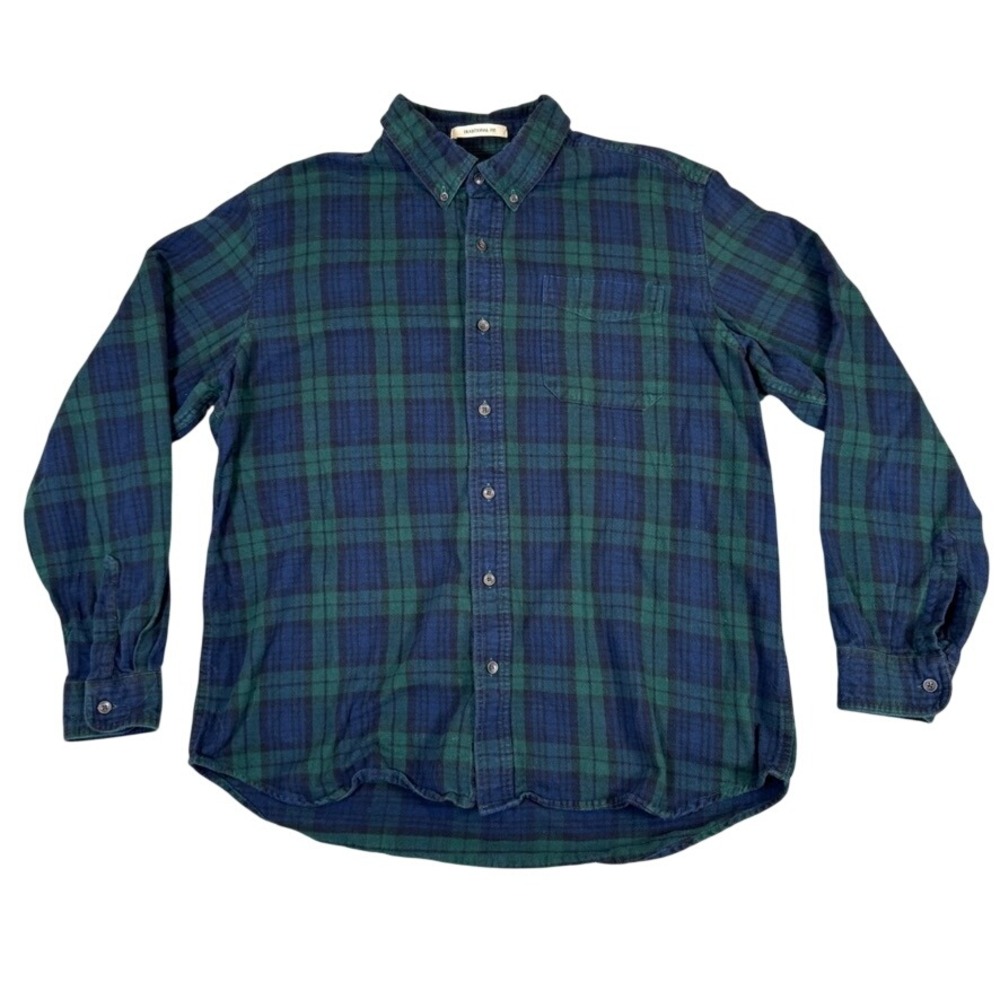 LL Bean Mens Flannel Shirt L Large Green Blue Plaid Traditional Fit 228061